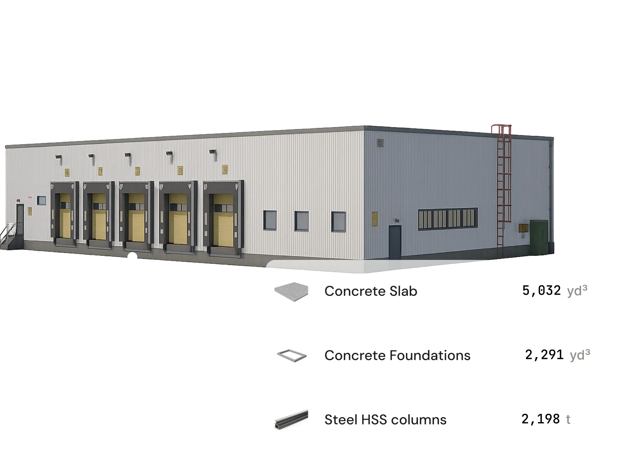 Building with materials data overlay showing quantities for concrete and steel