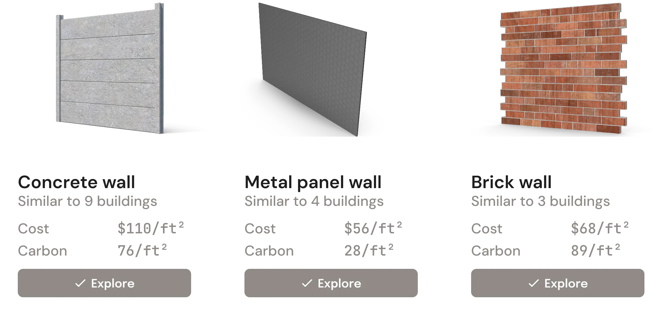 Wall type comparison cards showing cost and carbon per square foot